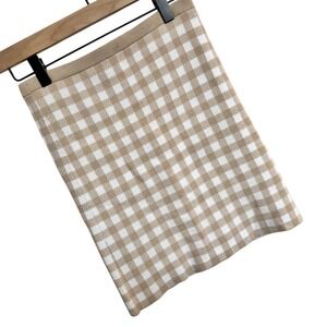 KULE Anthropologie Tan Cream Gingham Knit Mini Skirt XS Checkered Ribbed Waist